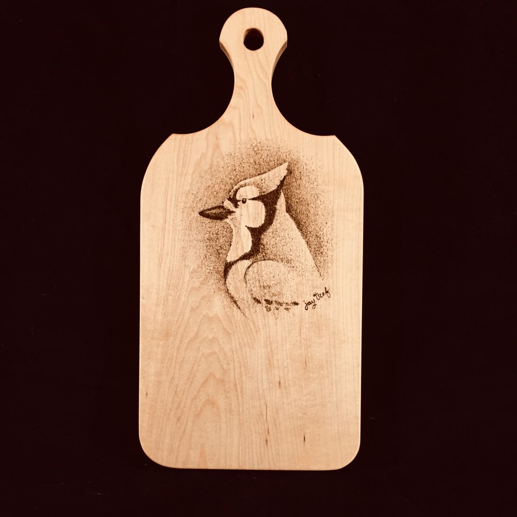 Blue Jay cutting board, Pyrography art by Jay Trefethen