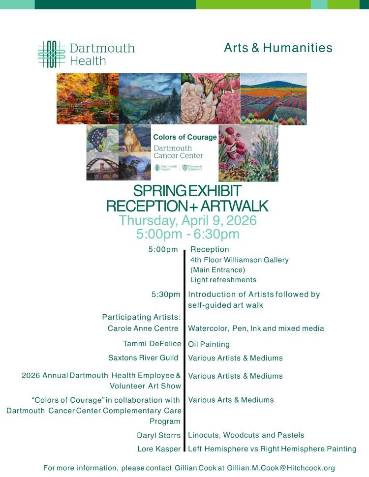 flyer for Dartmouth Art Reception April 9th.